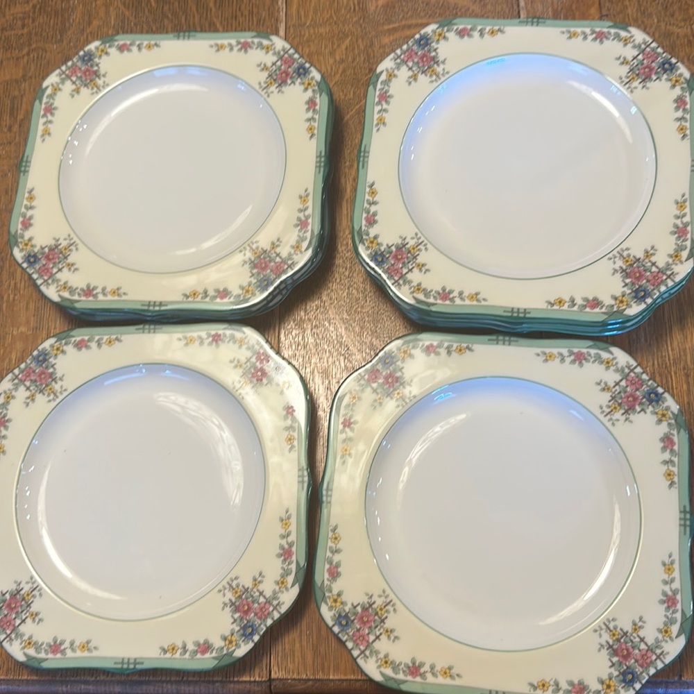 (9) Lenox Fine China TRELLIS IVORY Square SALAD PLATE 8 1/4" Green Border RARE